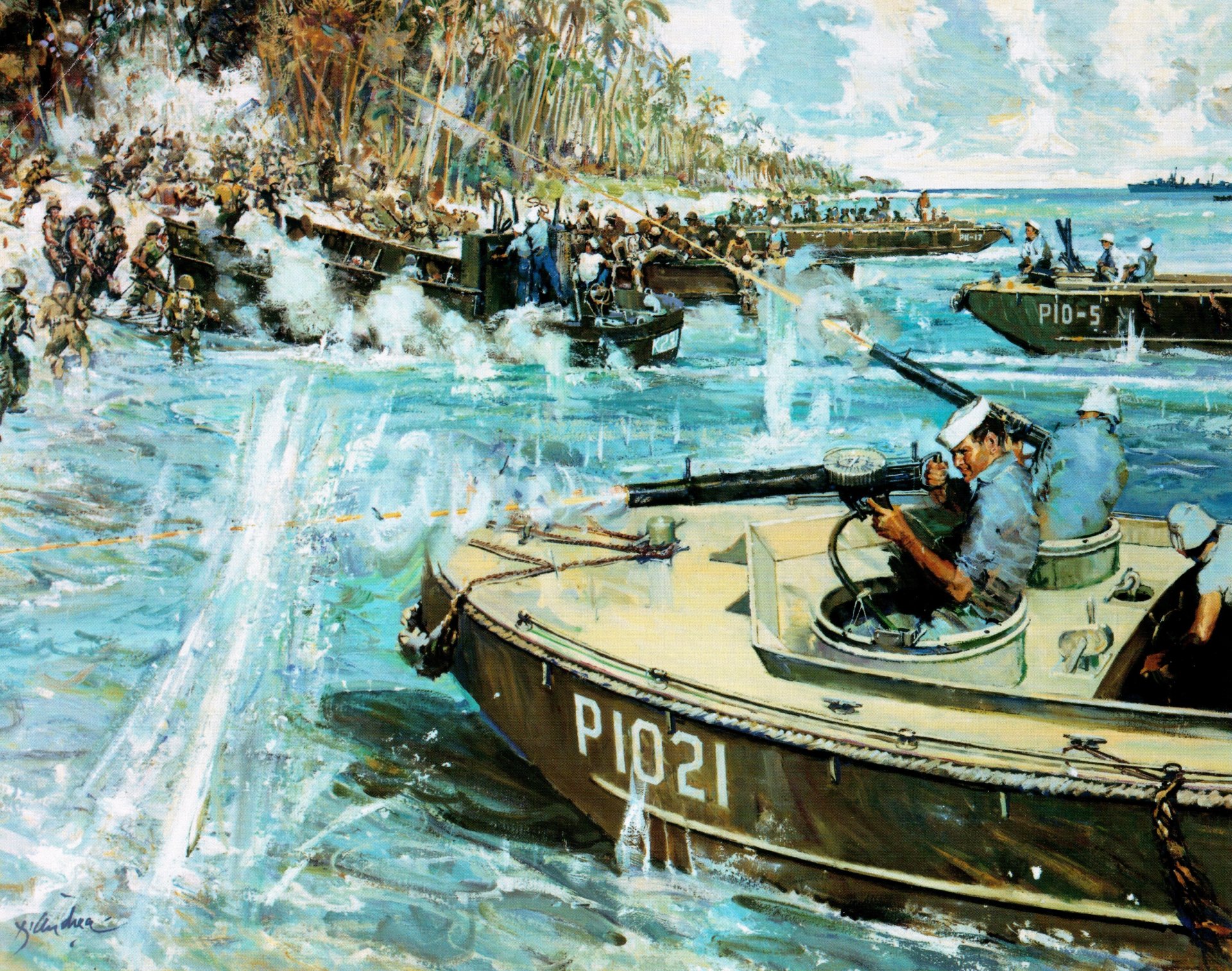 kunst okinawa 1945 landung amerikanische truppen landungsschiffe boote lcp l mit zwei 7 mm maschinengewehren würfel lcvp marines angriff schüsse ww2 zeichnung