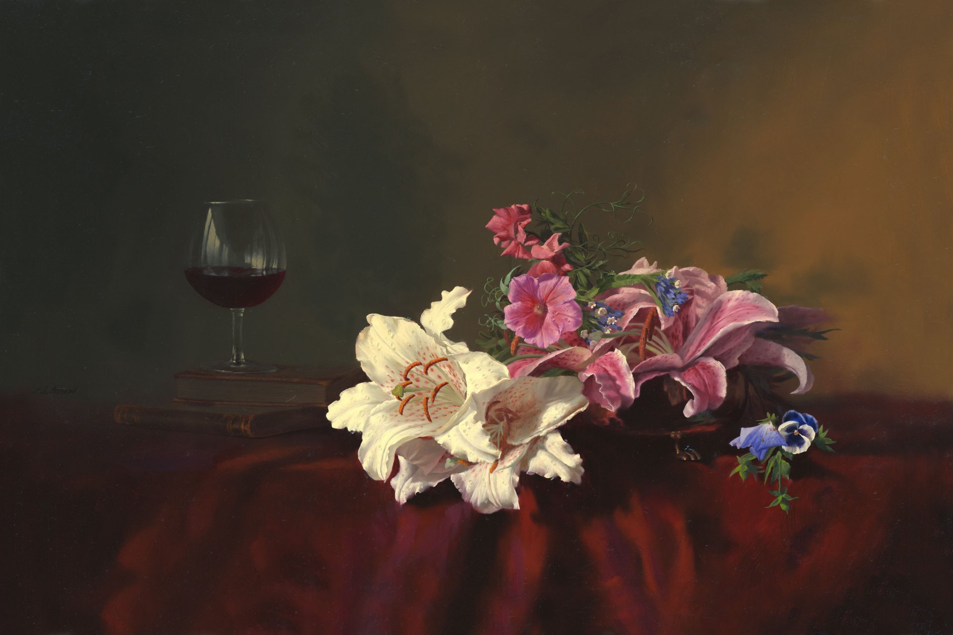 peinture nature morte alexei antonov fleurs lys livres verre vin table nappe