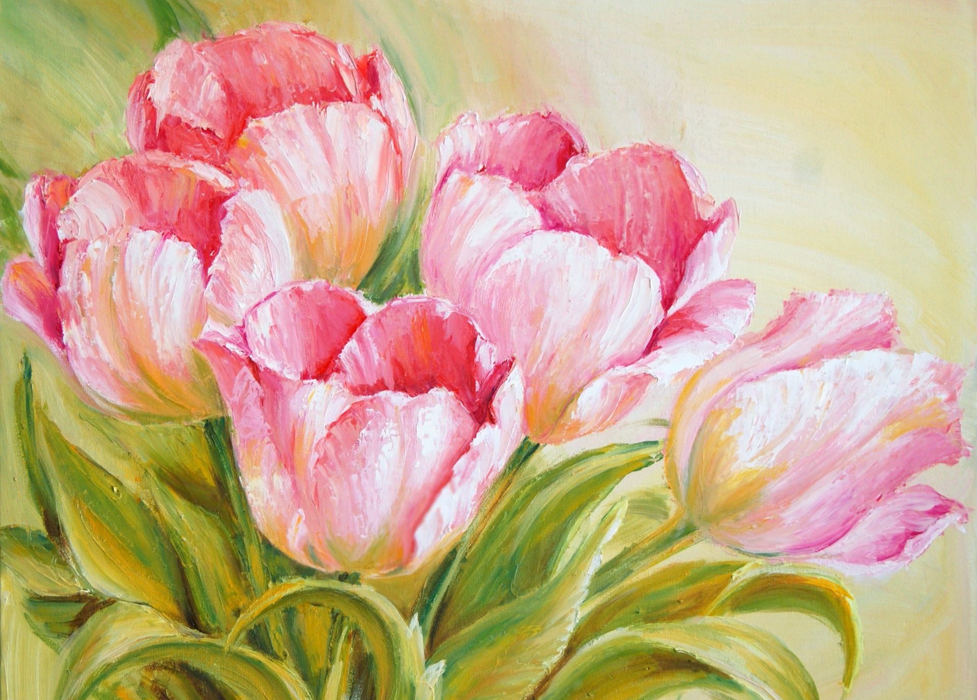 tulipes printemps fleurs rose bouquet feuilles peinture peinture