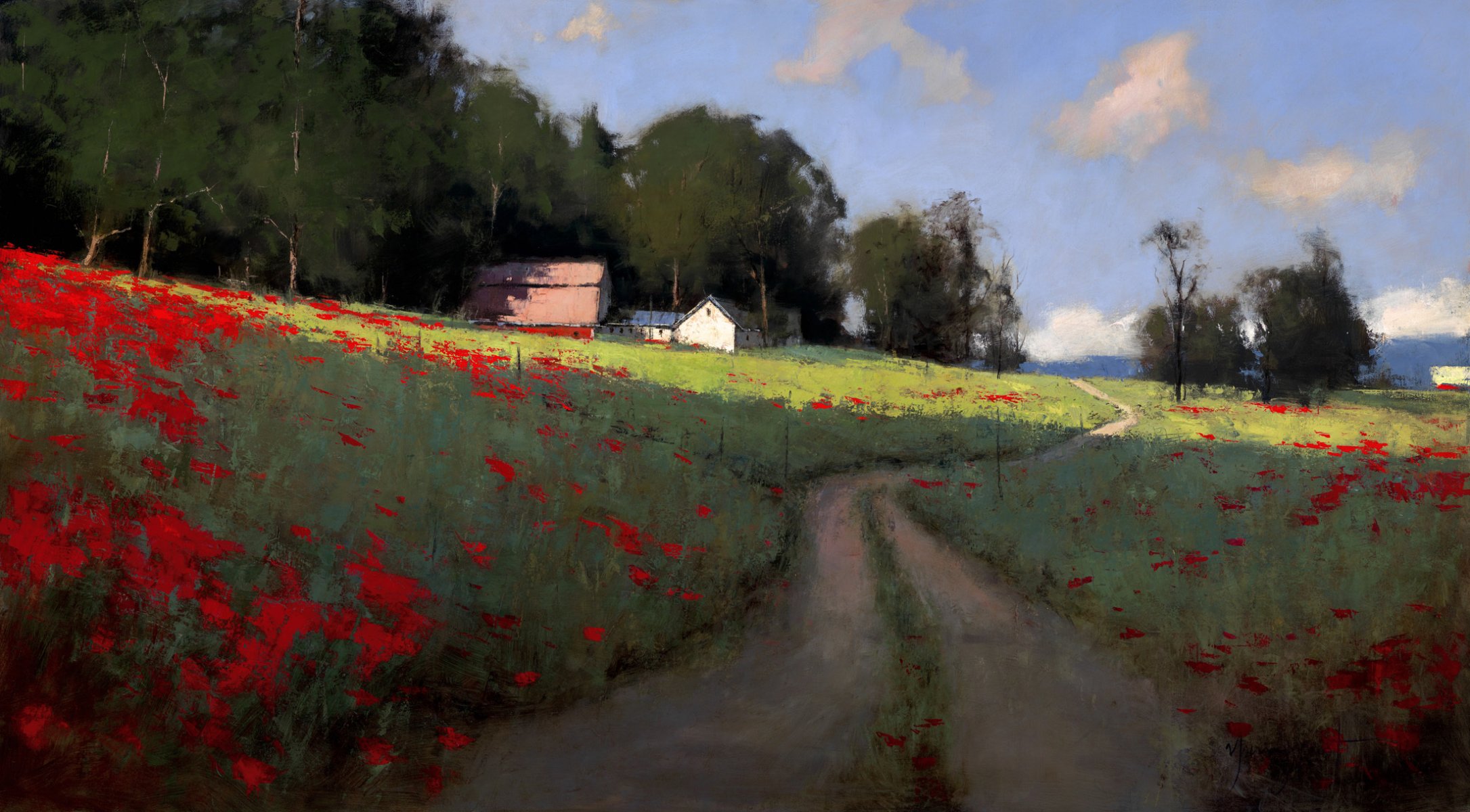 pattern landscape art romona youngquist the field poppies summer road gauge path tree sky clouds house village