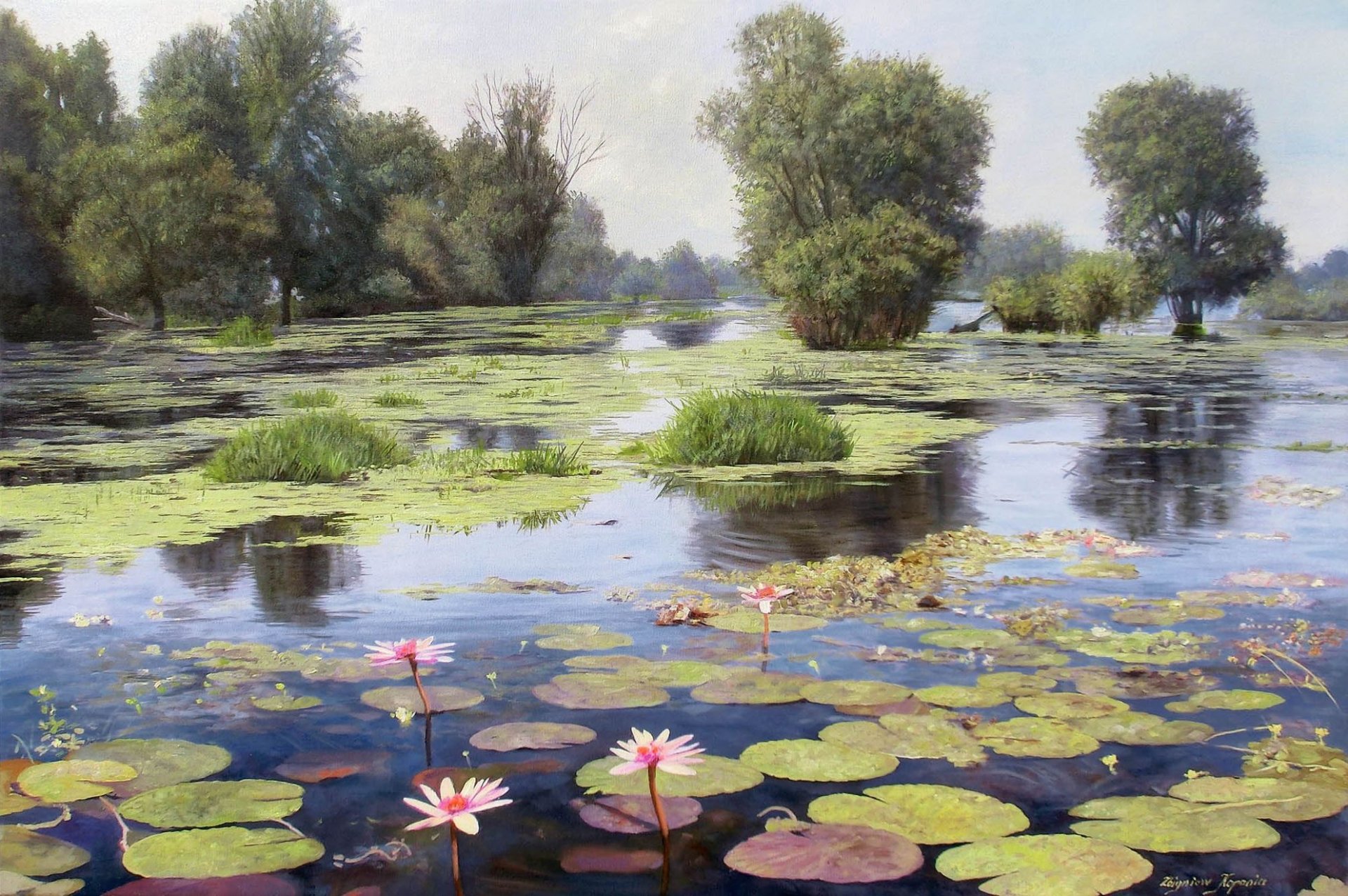 pintura zbigniew kopania paisaje lago reflexión estanque flores loto árboles lenteja de agua flores