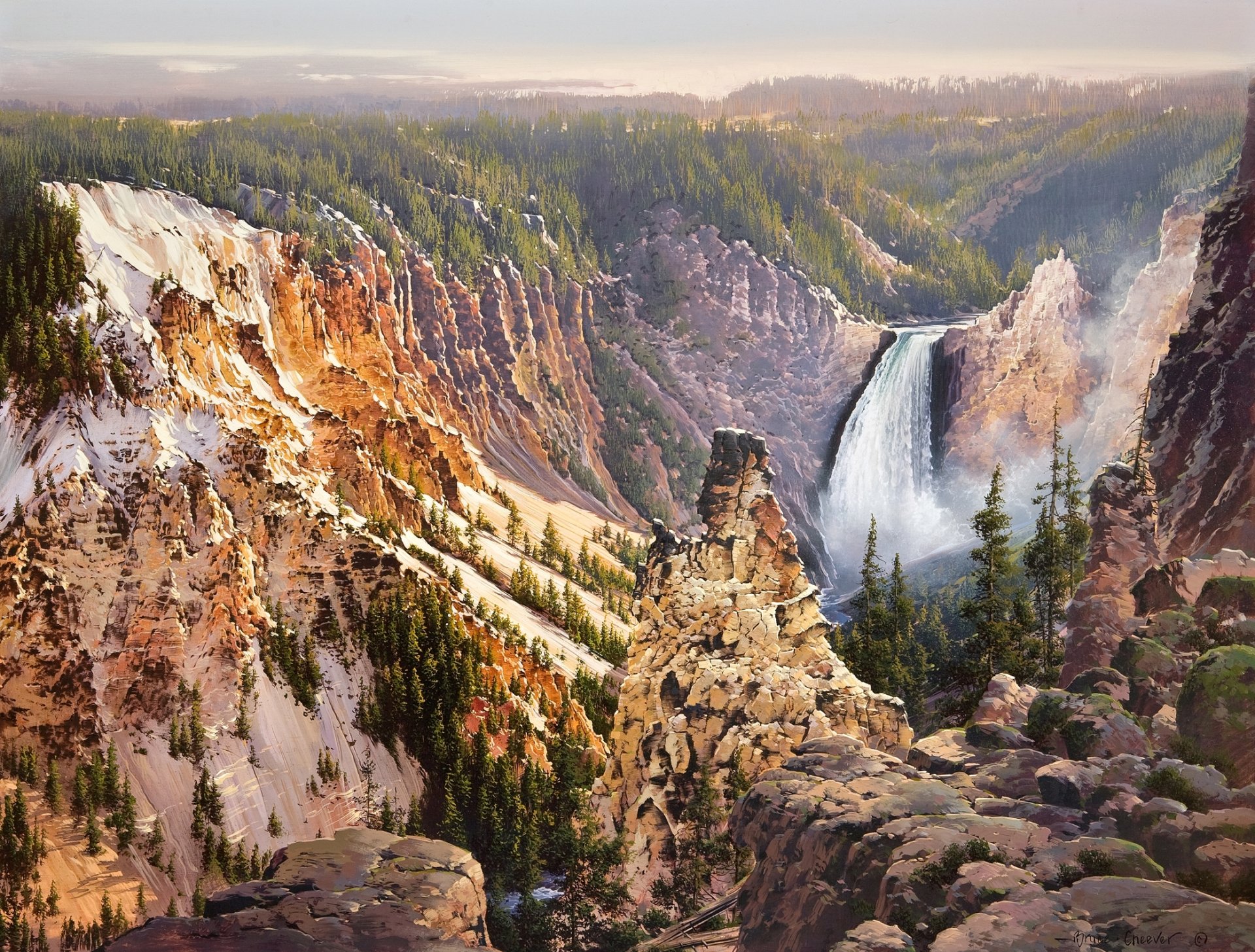 bruce cheever les forces et la grâce de lower falls yellowstone peinture nature montagnes jaunes montagne cascade