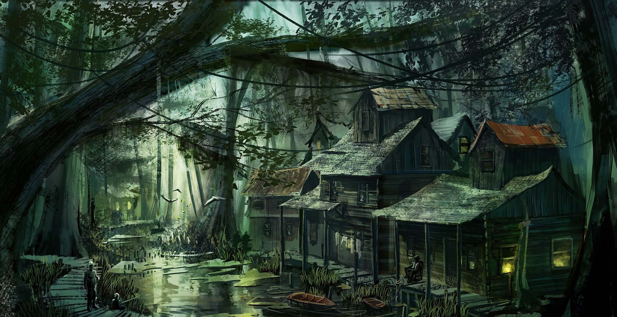 art bog village house construction forest people