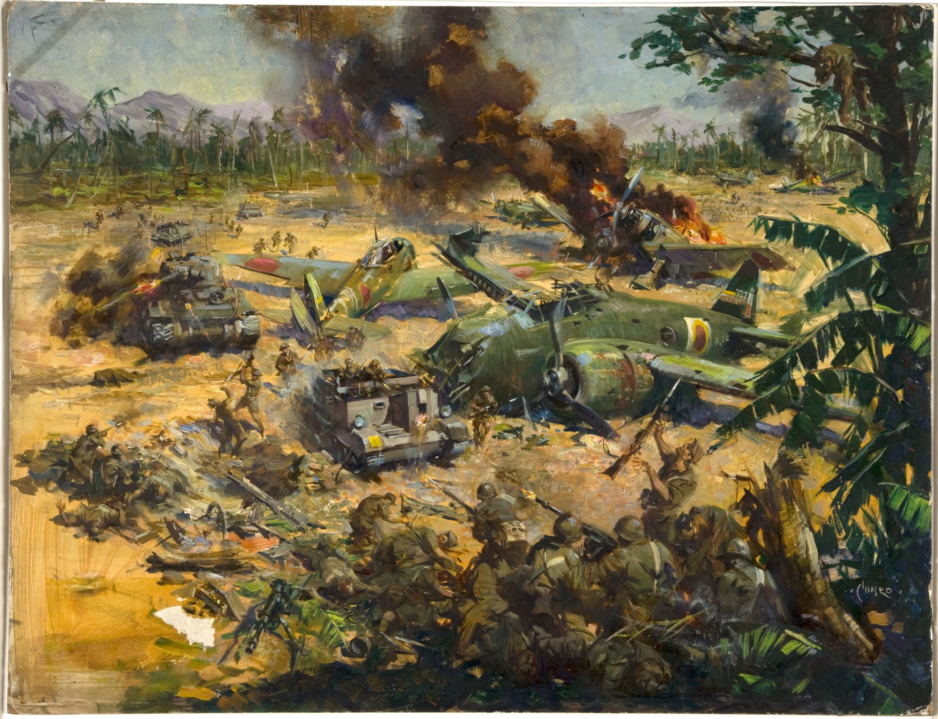 aeródromo batalla tanques soldados disparos fuego artista terence cuneo pintura óleo sobre lienzo