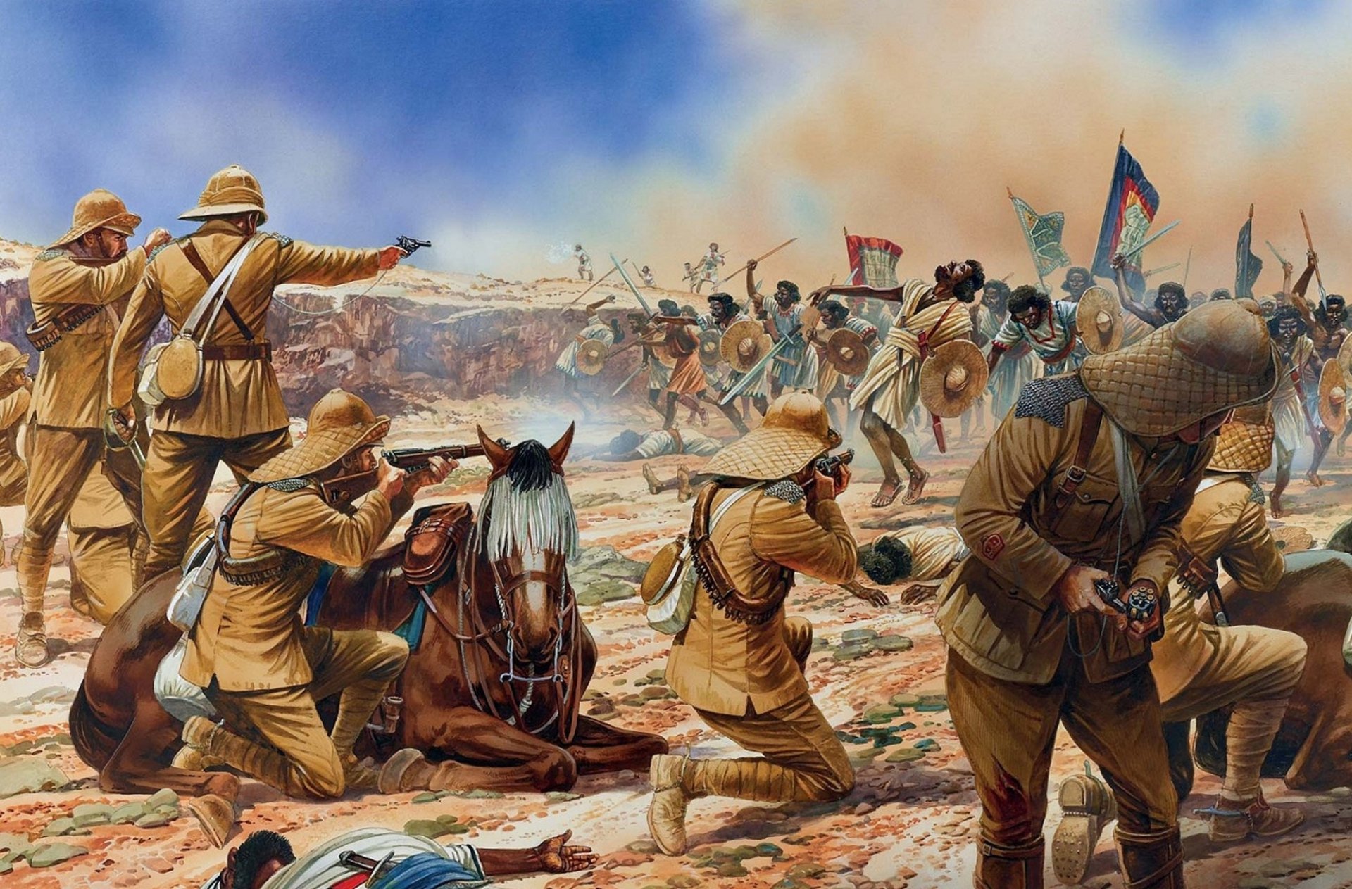 art soudan bataille d omdurman 2 septembre 1898 britanniques soldats fusils revolvers munitions mahdistes épées lances boucliers dessin