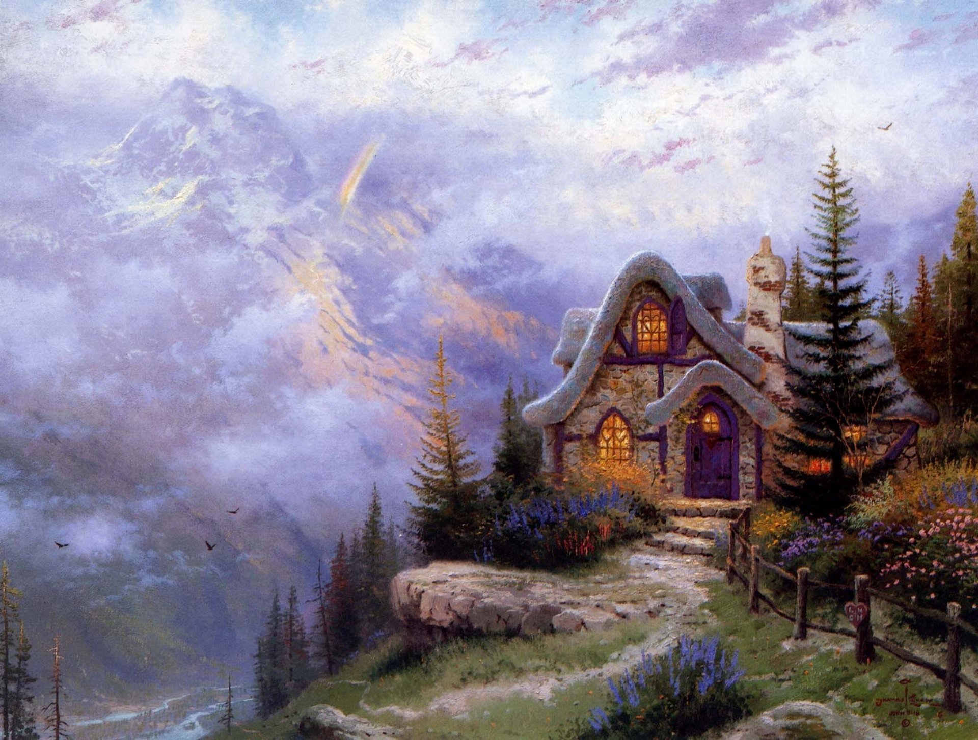 thomas kincaid cottage carino iii pittura casa pietra cottage montagne paesaggio fianco della montagna abete rosso