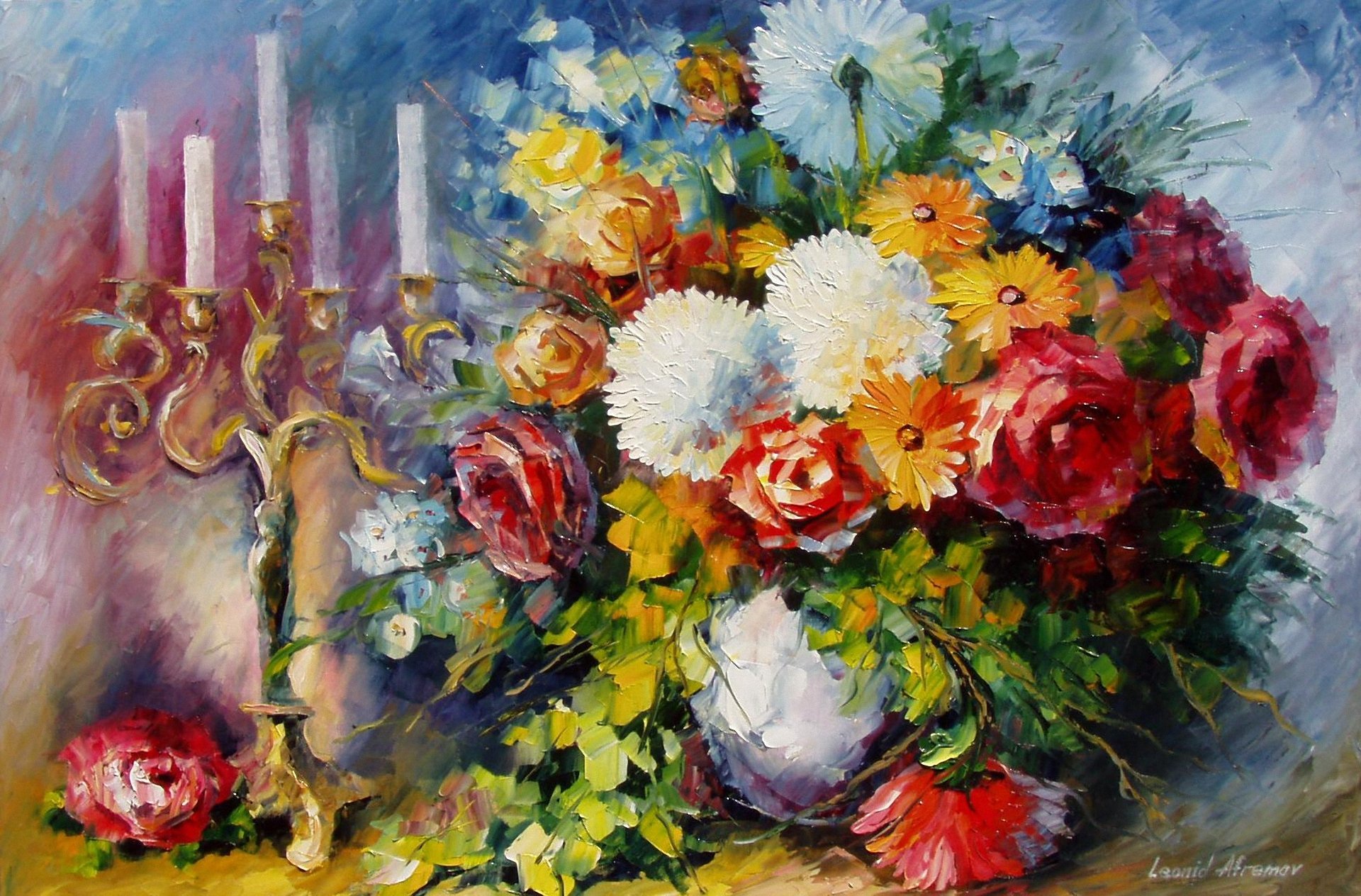 art leonid afremov vase flower bouquet candles candle holder