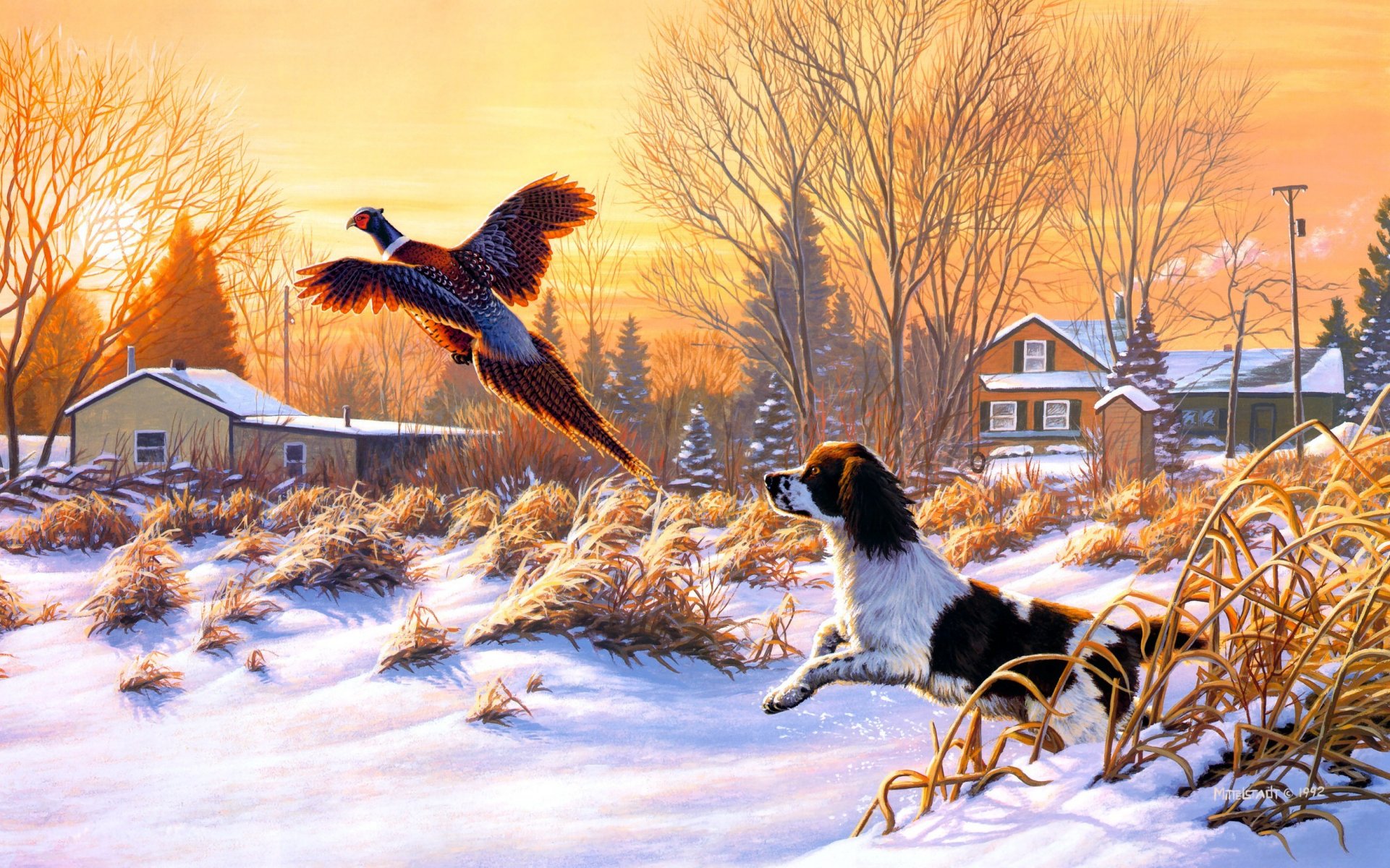 frank mittelstadt getting up art nature hiver neige chasse chien oiseau voler lever du soleil peinture