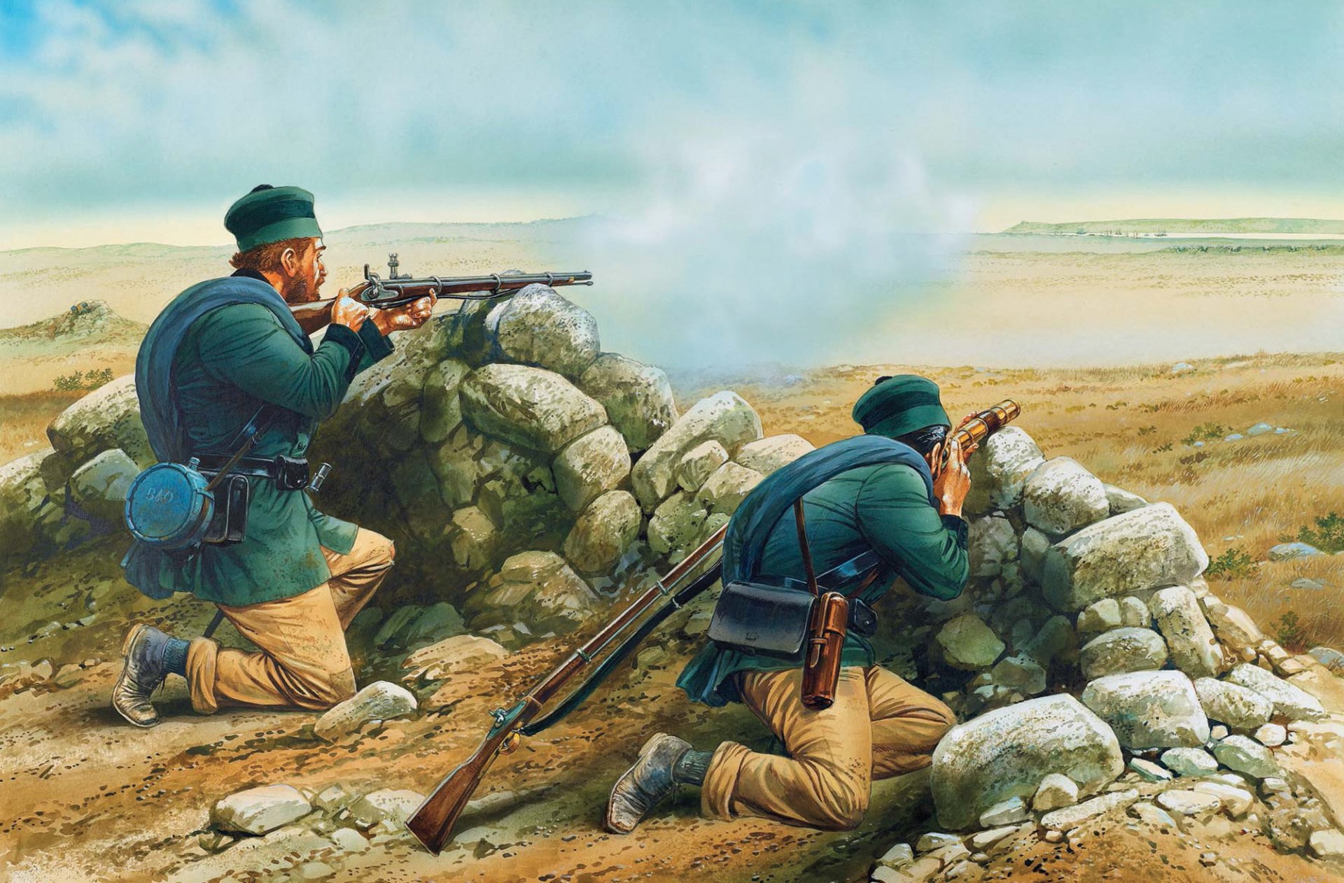 arte soldados guerra de crimea 1853—1856g. siglo 19. francotiradores tomado posición francotirador armado rifle enfield-tirador 1853g. cerca catalejo observador él observa detrás enemigo artista peter dennis