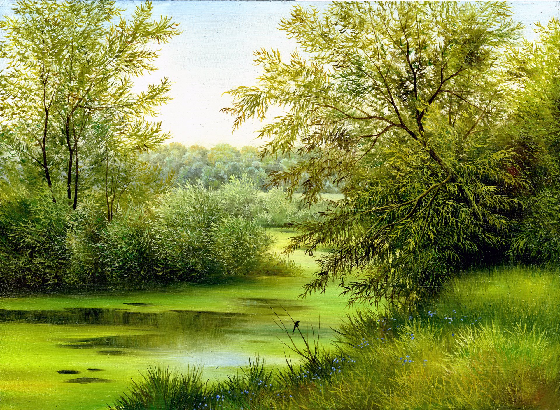 painting canvas nature landscape green grass tree flowers poultry