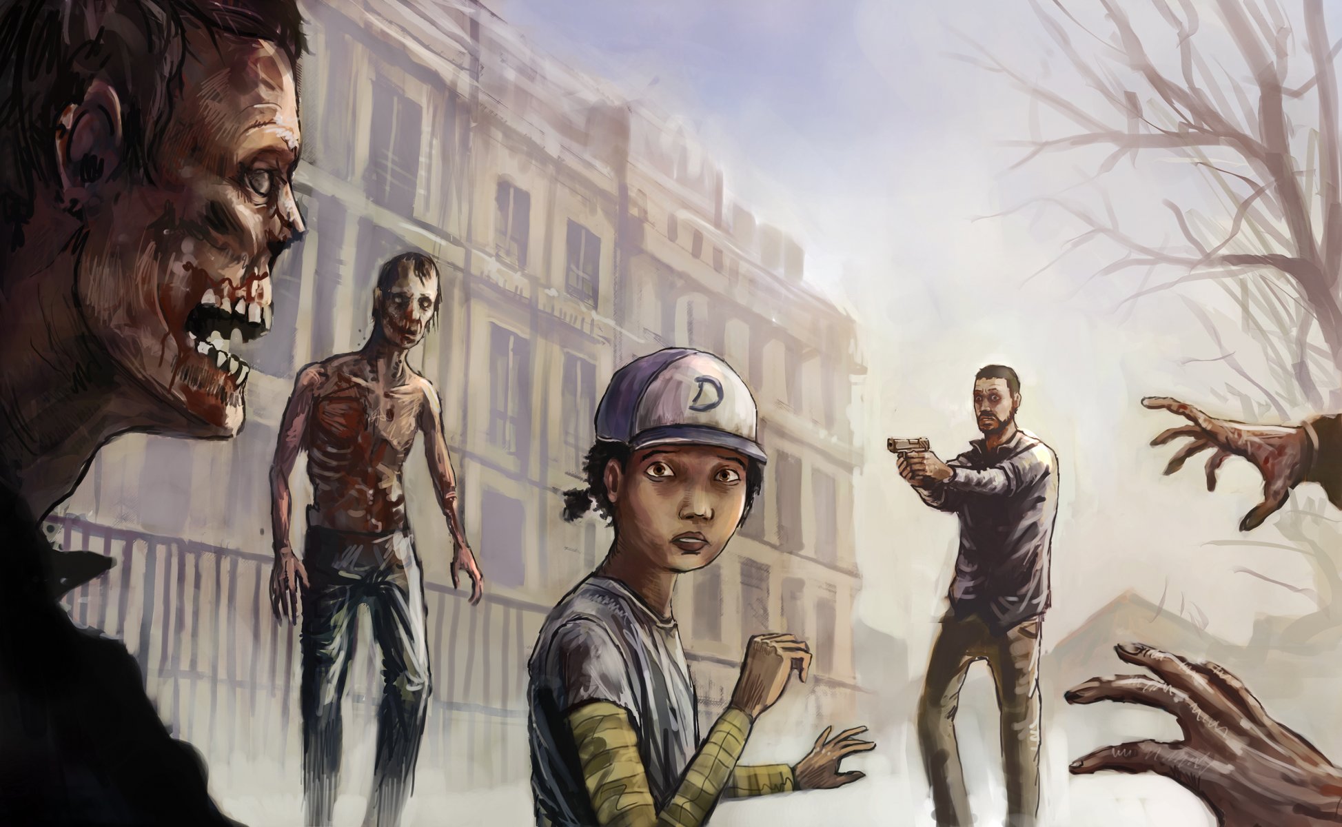 walking dead sztuka dziewczyna mężczyzna zombie budynek