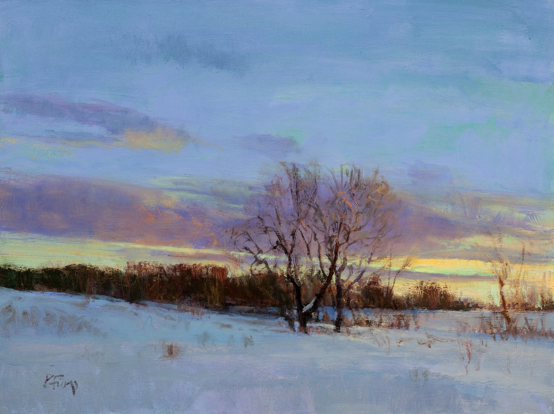 pintura paisaje arte peter fiore febrero crepúsculo invierno árbol ramas nieve cielo nubes luz puesta de sol crepúsculo