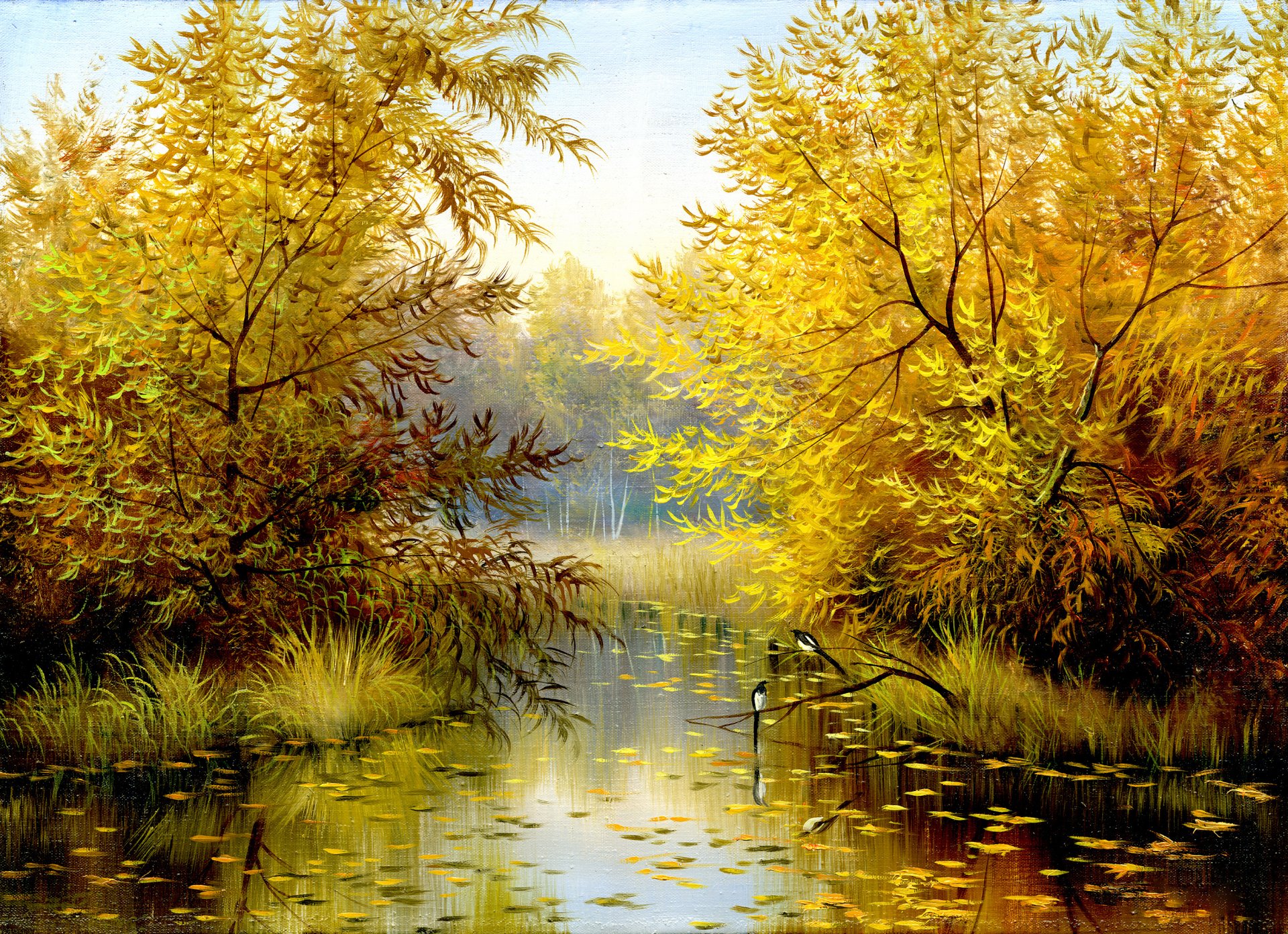 pintura naturaleza paisaje aves árboles hojas otoño temporada