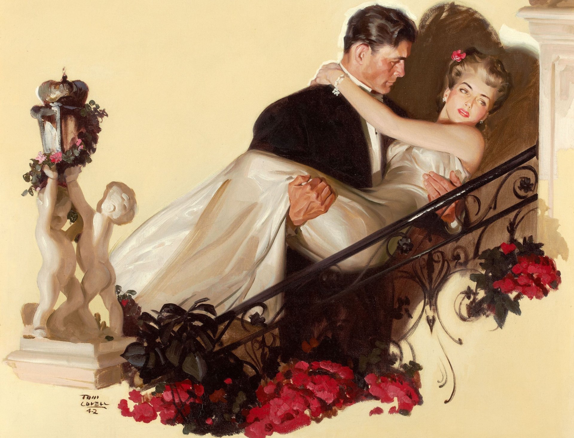 tom lovell two men a woman flower dress pattern picture