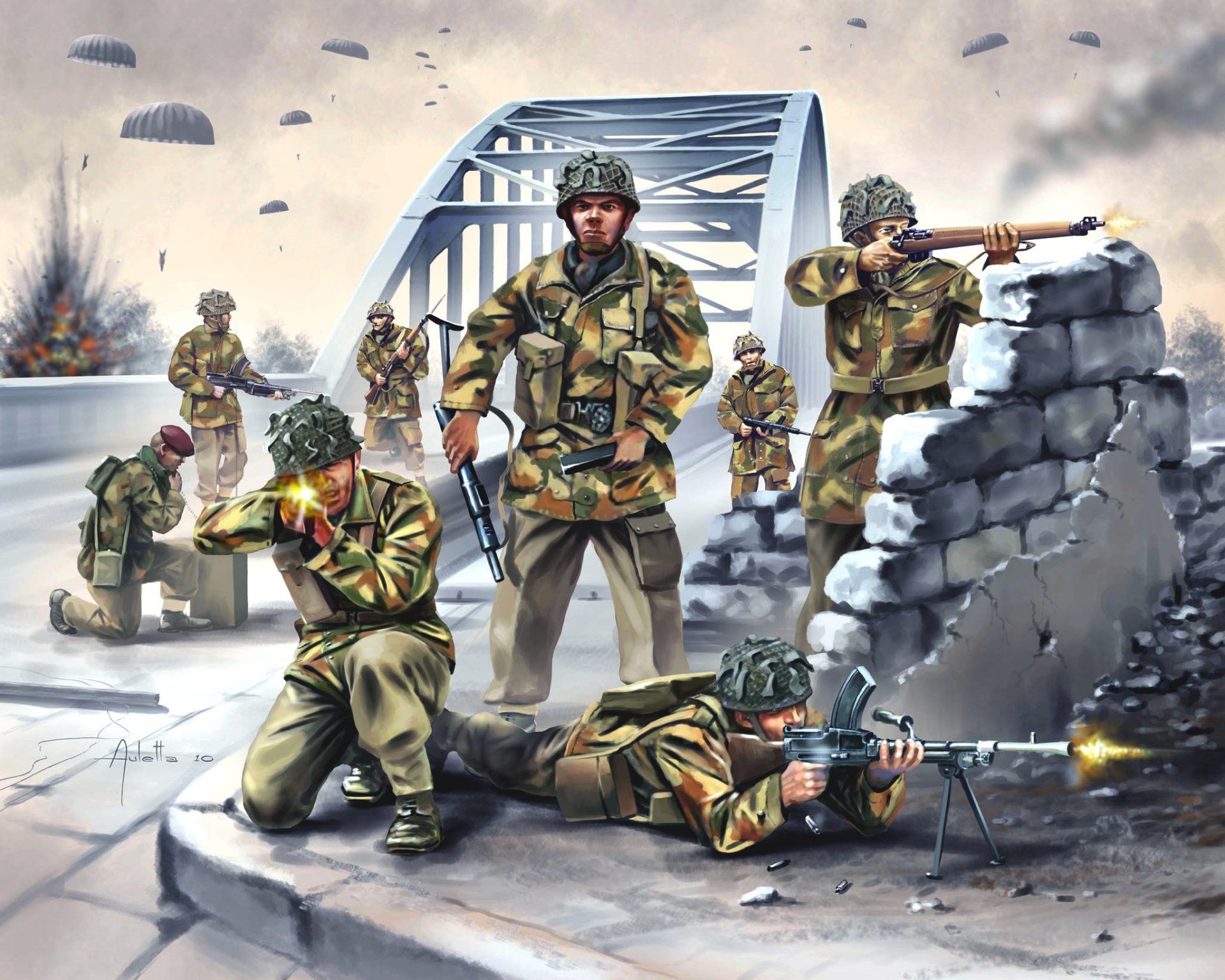 art bridge landing parachutists british paratroopers weapon industrial complex coloring shooting ww2 picture