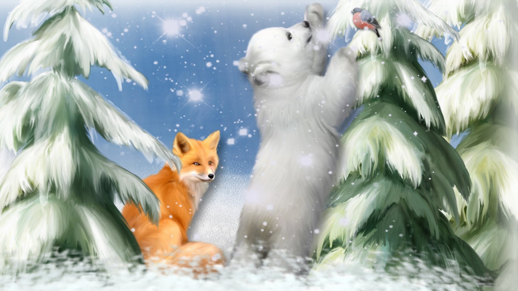 kunst malerei malerei weihnachtsbaum schnee schneeflocken fuchs bär gimpel spiel neugier märchen