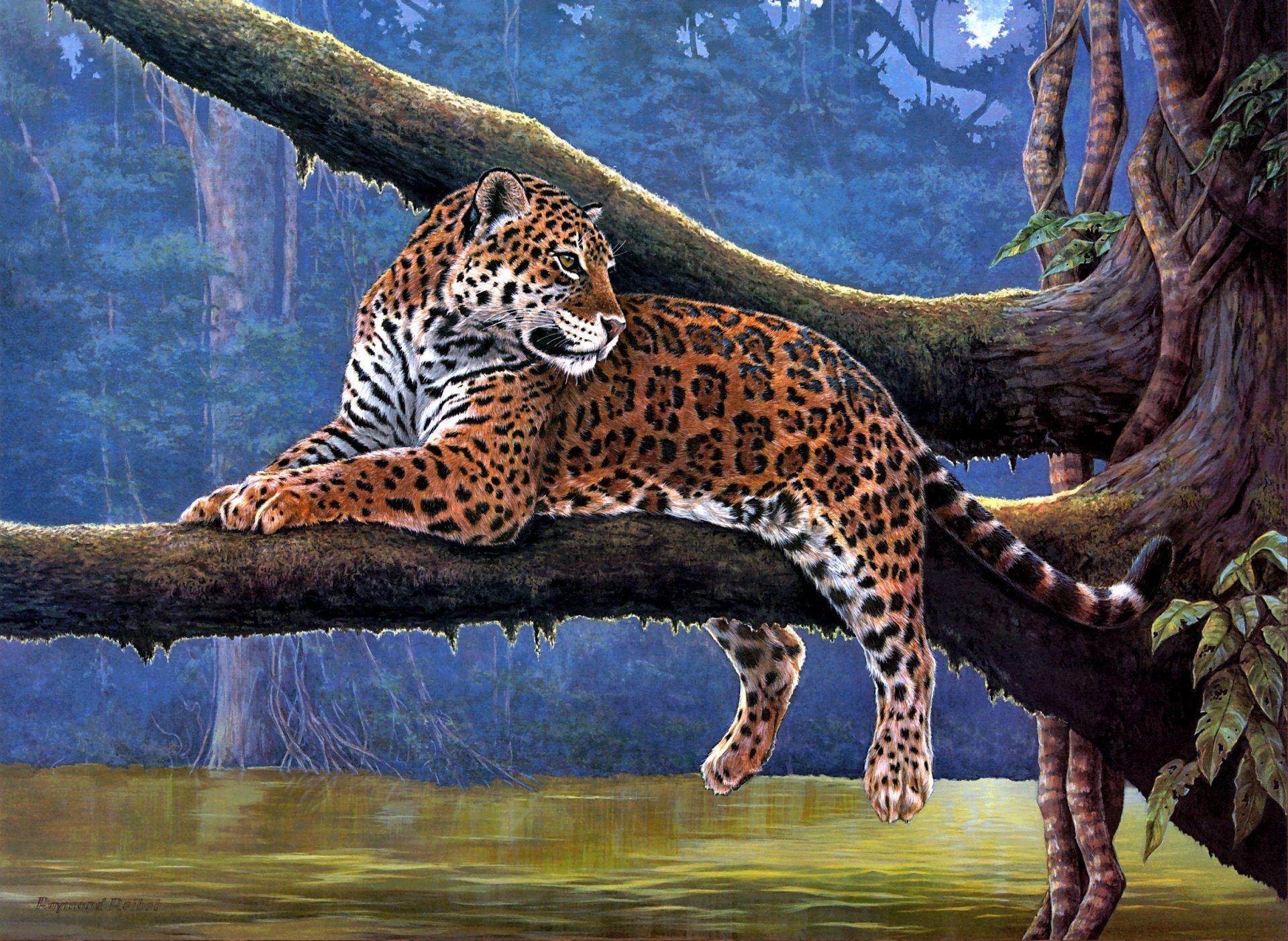 raymond reibel jaguar pintura animales jaguar río rama árbol enredaderas