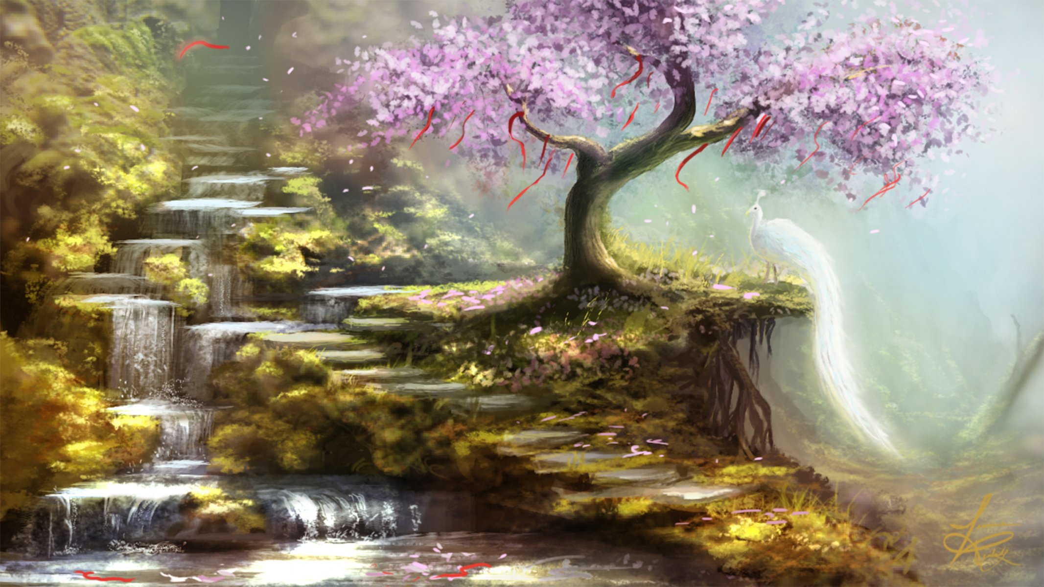 kunst hügel baum sakura bänder wünsche wasserfall vogel weiß pfau