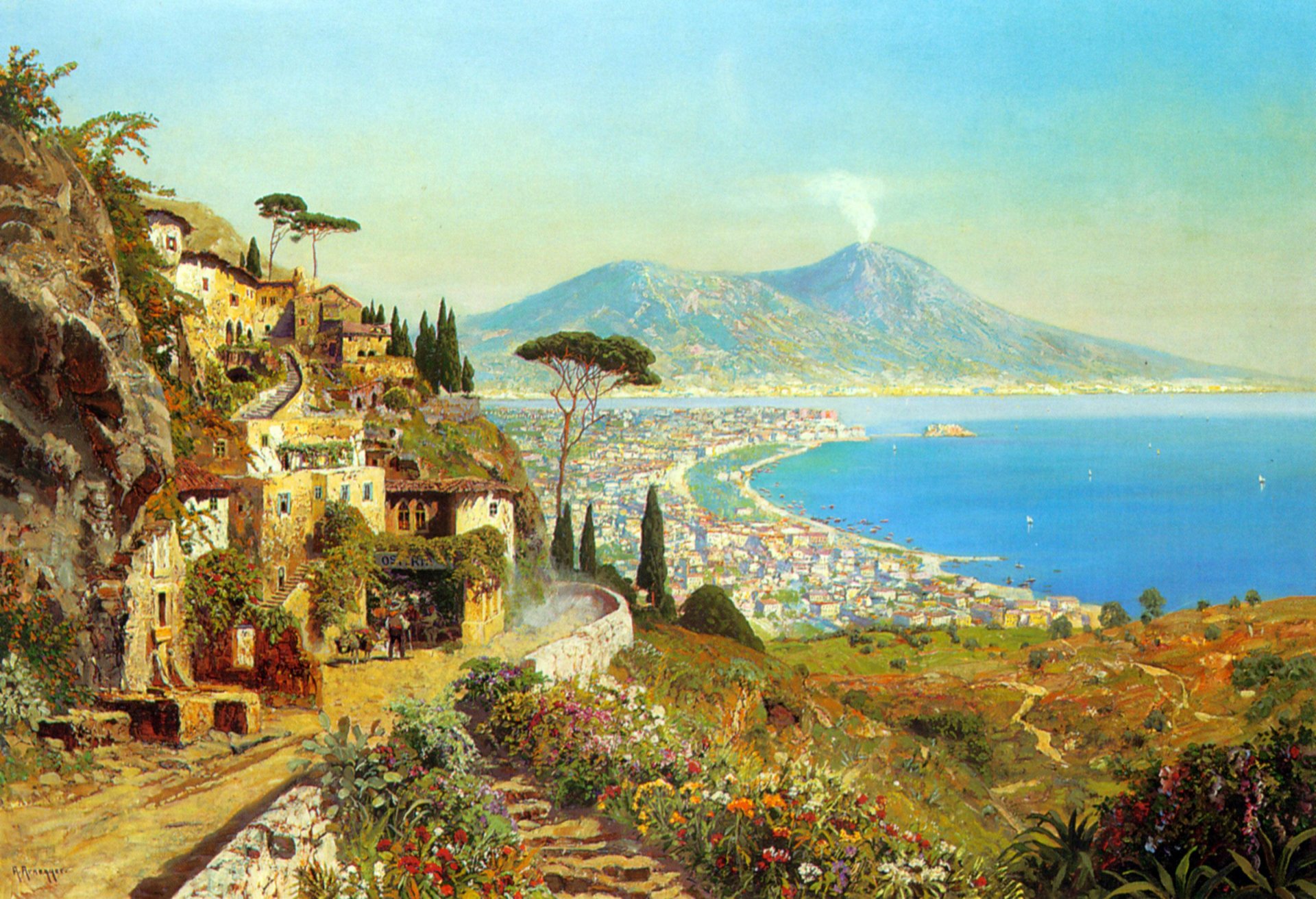 alois arnegger the bay of naples landscape painting gulf sea napoli mountain volcano mount vesuvius italy tyrrhenian sea