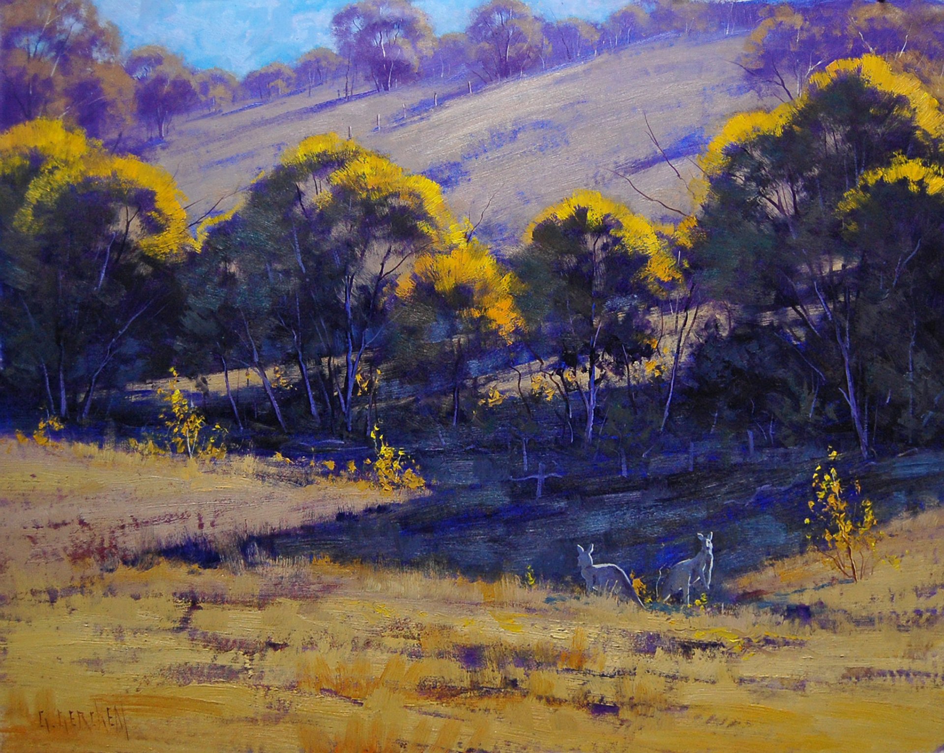 kunst artsaus natur australien känguru bäume gras hügel