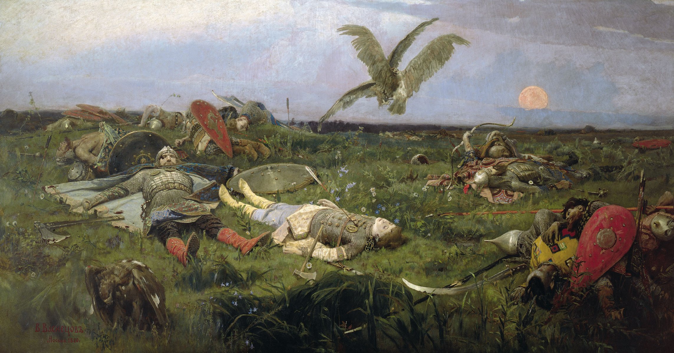 viktor vasnetsov después de la masacre de igor sviatoslavich con polovtsy imagen héroes historia aves