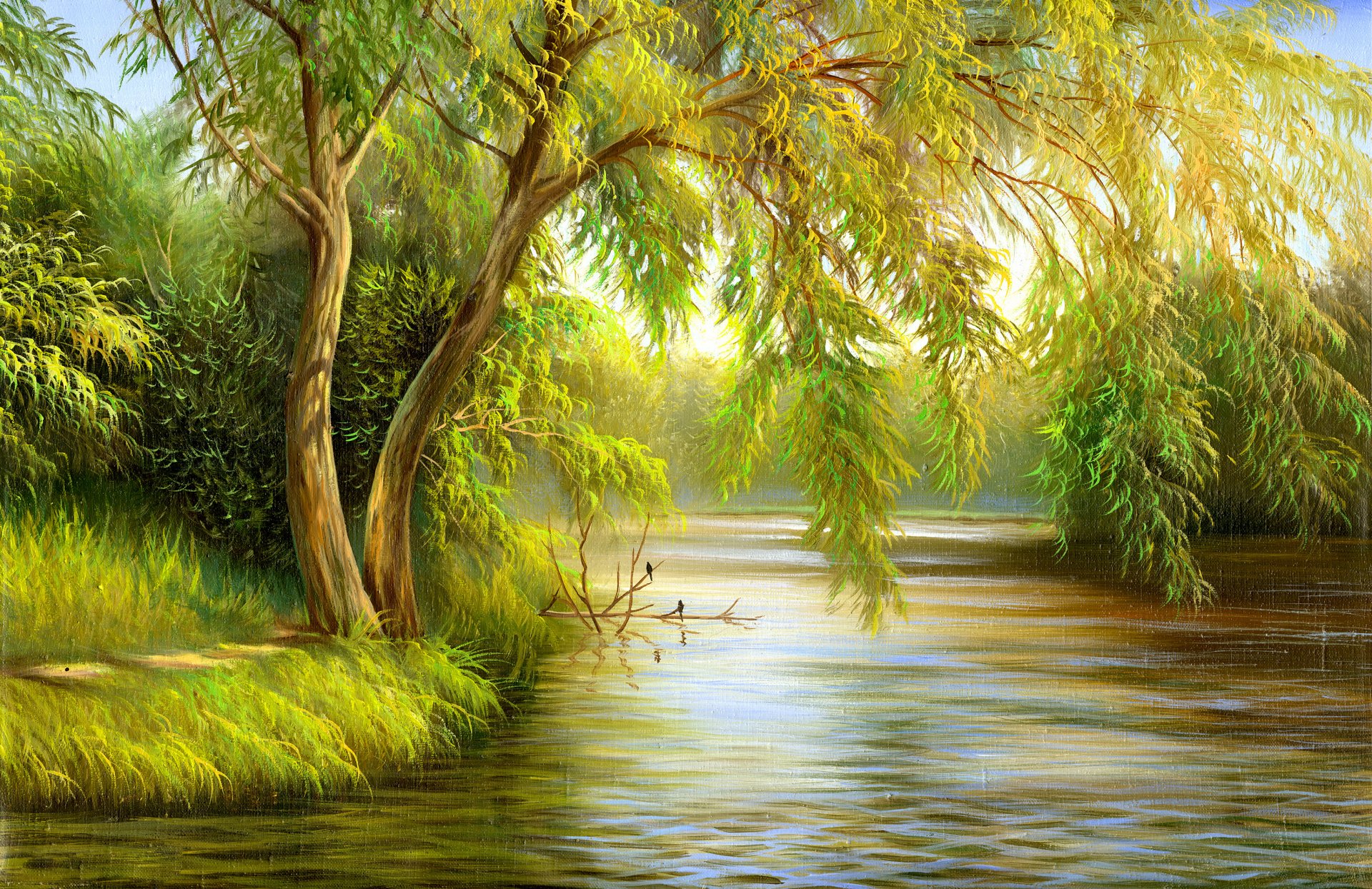 peinture nature vert toile arbres oiseaux