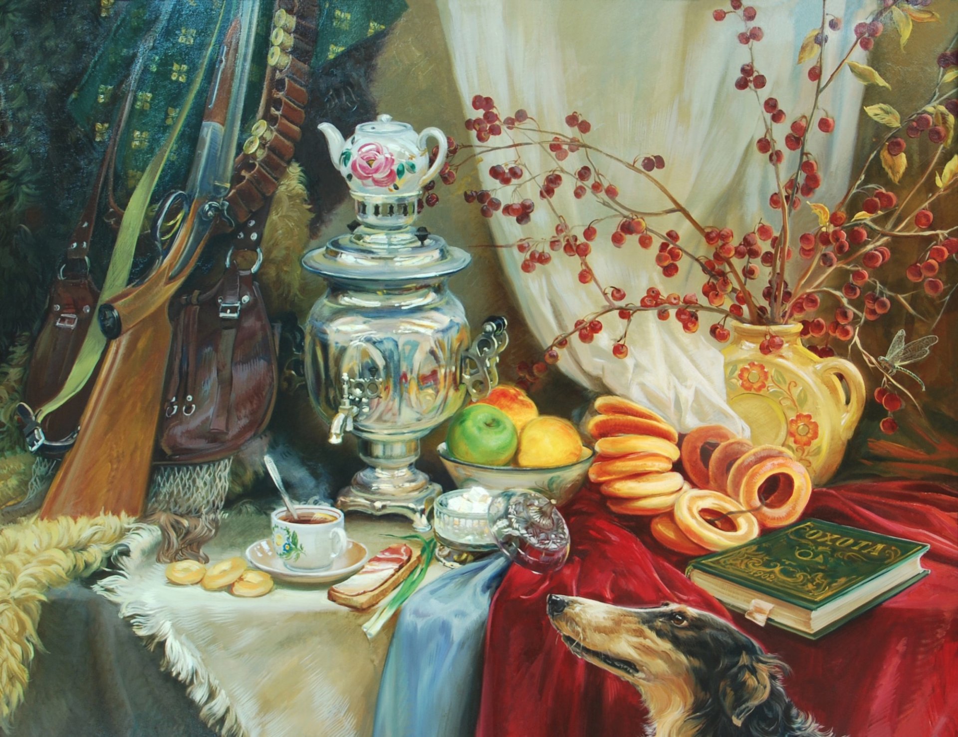 pittura d arte immagine still life sul tavolo samovar tè sandwich bagel bagel mele libro gear hunter bandoliere fucile cane russo levriero caccia