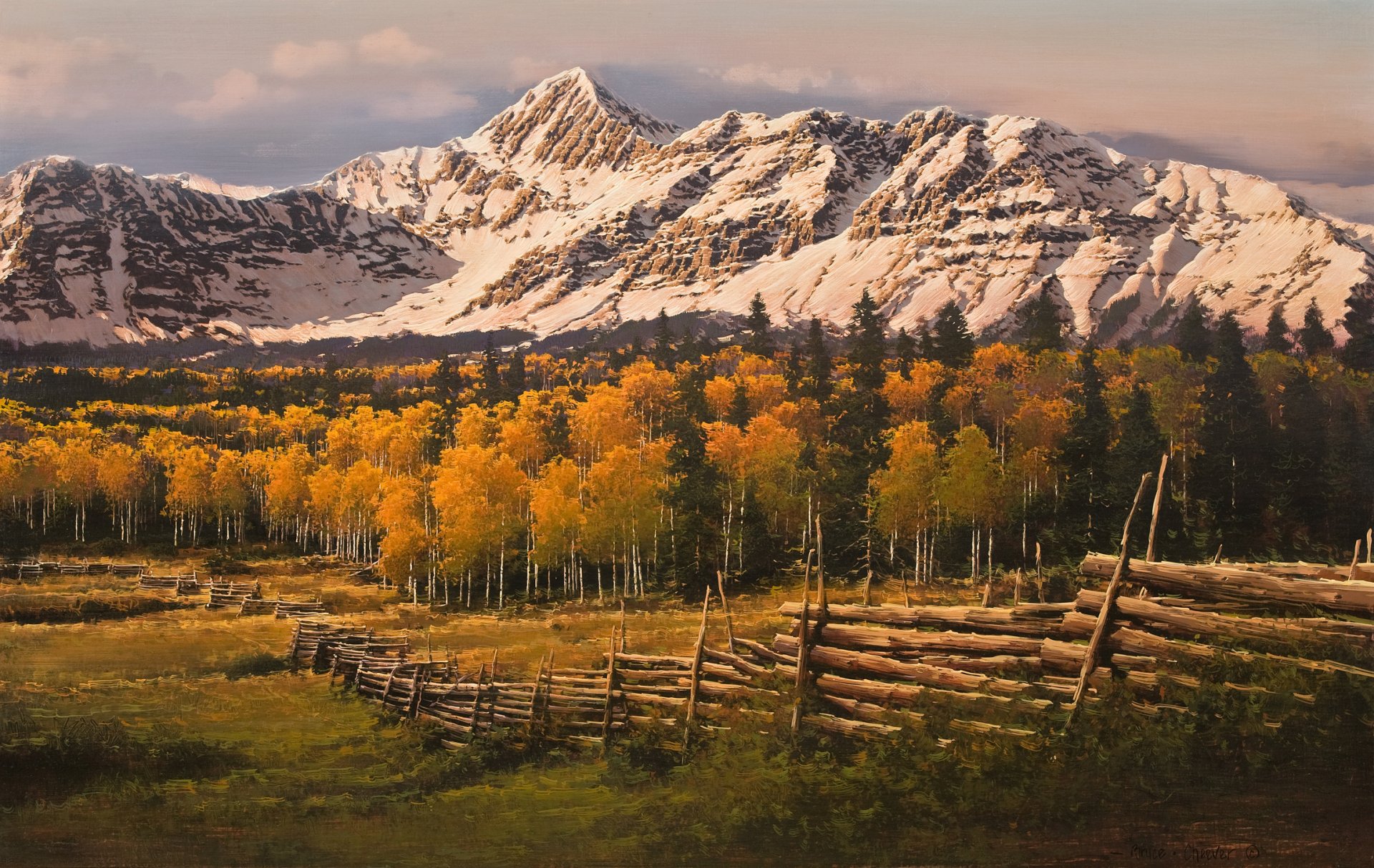 bruce cheever touched by gold san juan range painting autumn landscape forest autumn mountain snow birch fence