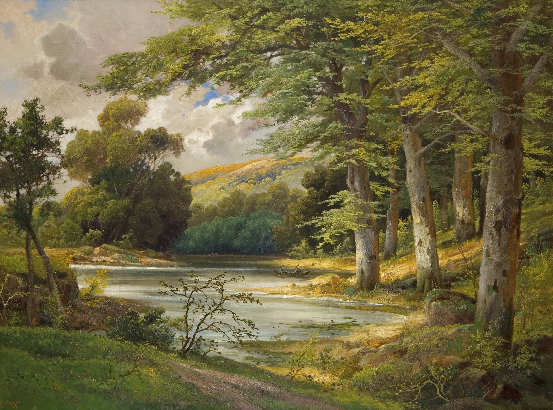 alois arnegger romantic forest landscape painting landscape forest lake boat