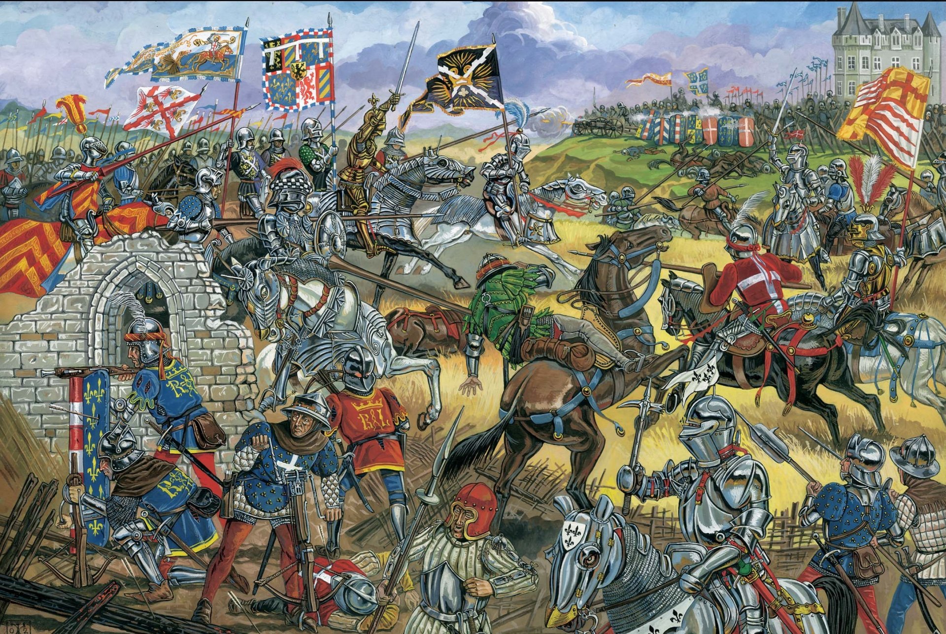 batalla de montléry 16 de julio de 1465 borgoña francia ejércitos banderas banderines caballería soldados gendarmes ballesteros arqueros lanzas espadas armaduras artillería culebrinas serpentinas disparos humo dibujo