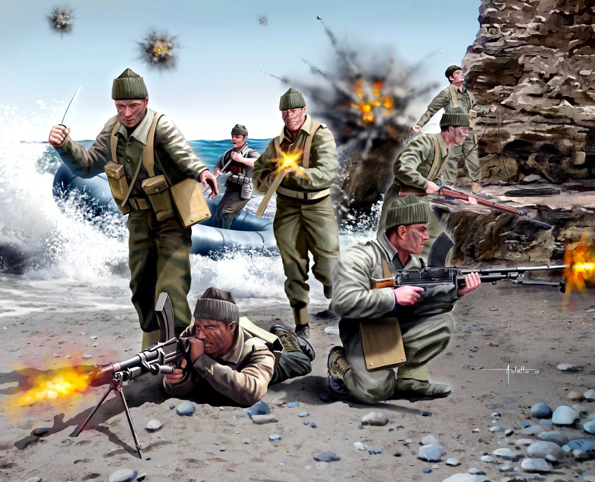 arte mar costa desembarco comandos británicos armas equipo colorear disparos explosiones ww2 dibujo