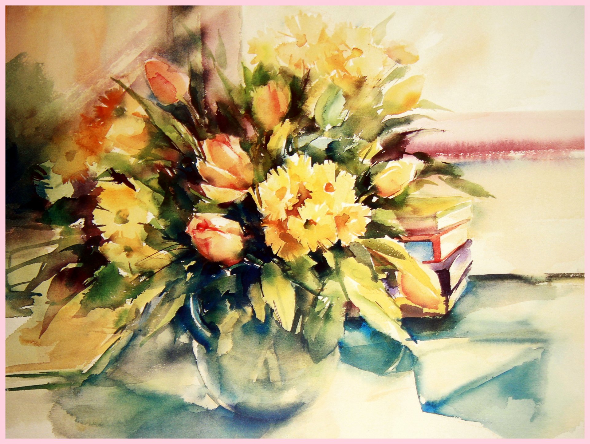 aquarelle peinture fleurs nature morte livres dessin peintures