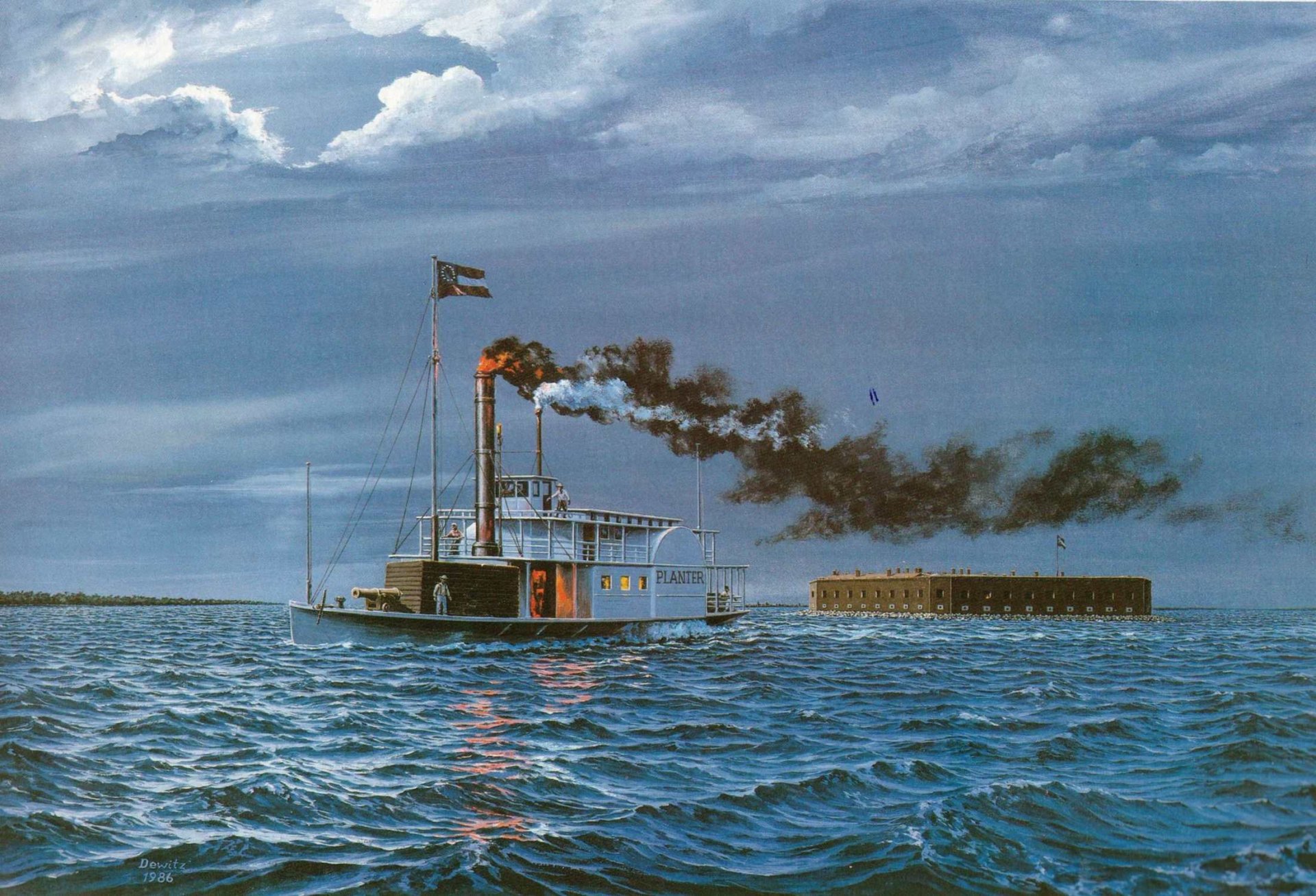 art rivière vagues canonnière bateau planteur planteur fumée évasion fort dessin