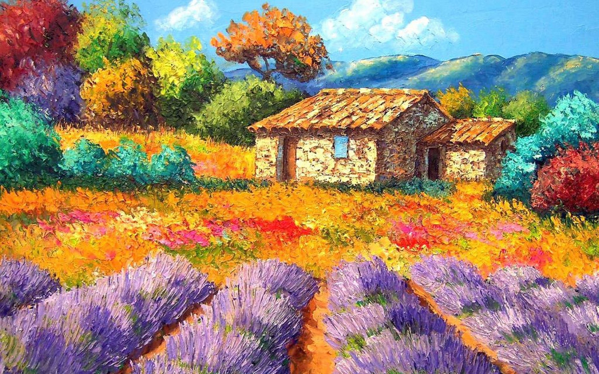 peinture paysage cour maison jardin parterre de fleurs fleurs arbres montagnes ciel