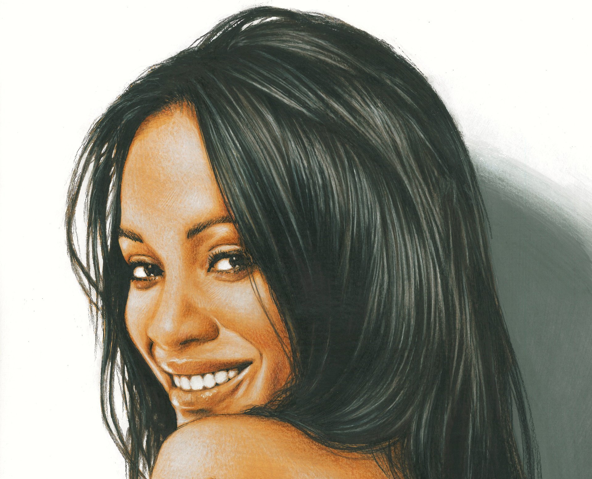 zoe saldana girl painting face smile lips hair view shoulder