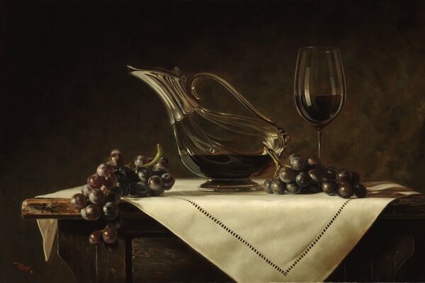 Nature morte avec du vin rouge et des raisins