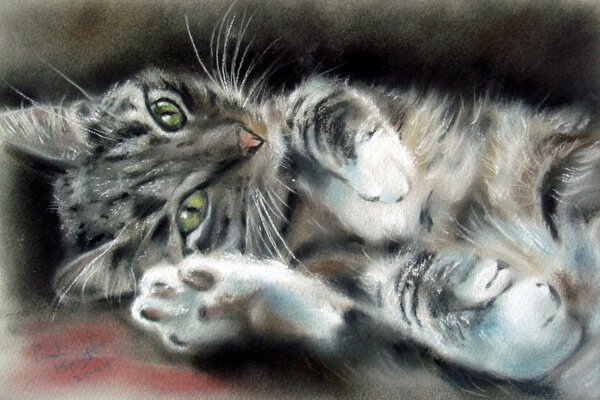 Painting of a cat with green eyes