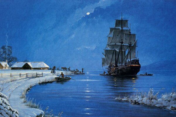 Painting of a sailboat by the sea in winter