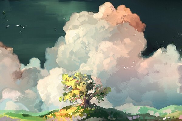 Árbol y nubes en un paisaje pintado