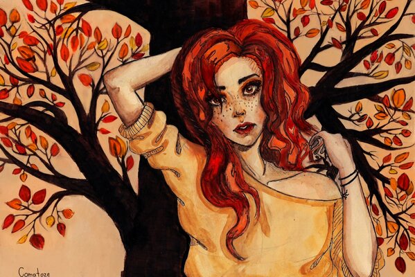 Red-haired girl with freckles on a bright tree background