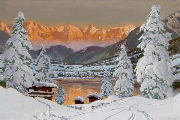 Winter landscape with houses, Christmas trees and mountains