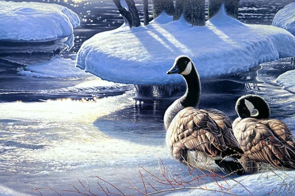 Painting: a pair of geese in the snow