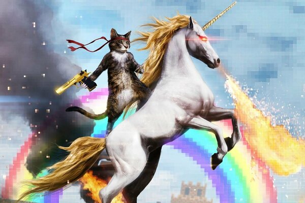 A cat with a gun on a unicorn