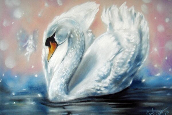 Cigno bianco nel lago e fata