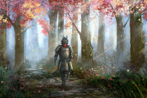 Homme en armure dans la forêt d automne