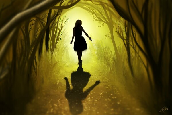 The shadow of a girl in a dense forest