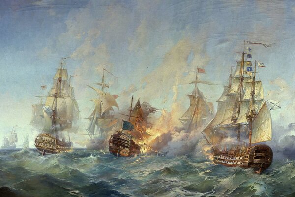 Naval battle on frigates and with explosions