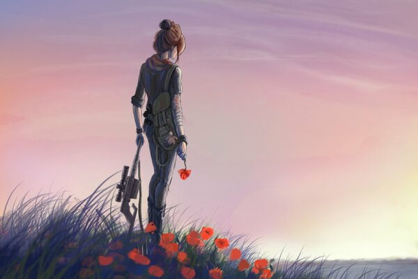 A girl with a rifle among poppy flowers