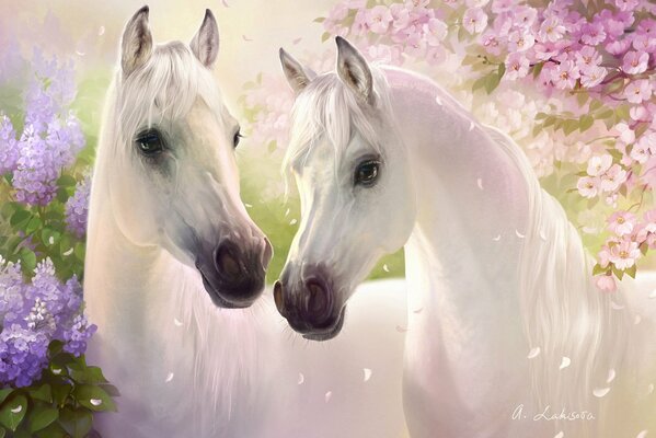 Art avec une paire de chevaux blancs parmi les lilas et les cerisiers en fleurs