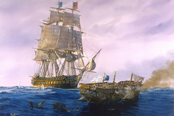 Pintura de Tom Freeman con una batalla naval